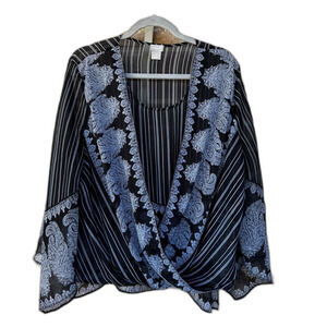 Chico's Black Sheer Paisley Blouse Bell Sleeve Draped Front Top, Size 3/XL